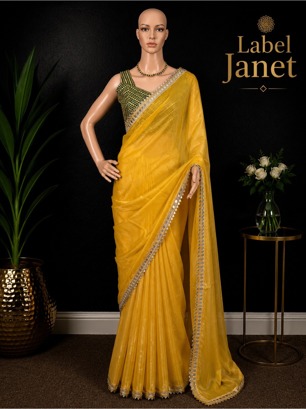 Brand new Yellow Saree with Green Embellished Blouse (34” - 42”)